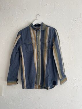 Striped Button-Up Shirt in Blue, Olive & Tan